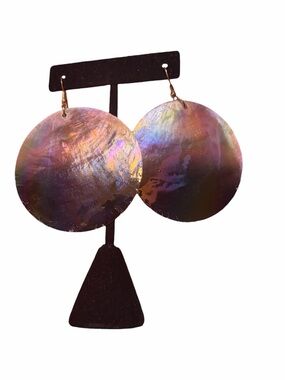 Large Iridescent Round Disc Dangle Fishhook Earrings - Abalone Shell